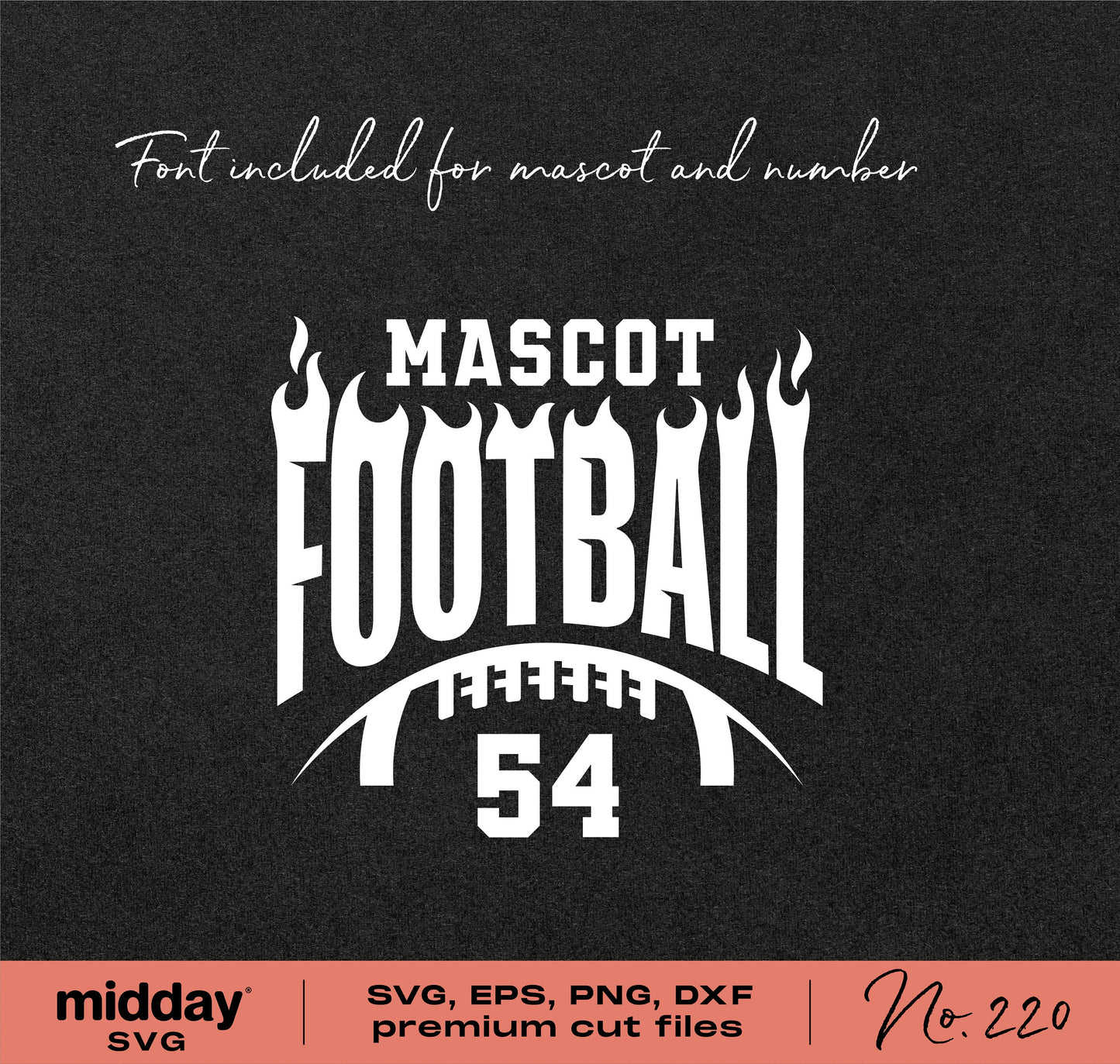 Football team template with flaming logo and number 54 in SVG, PNG, DXF, and EPS format for Cricut and Silhouette DIY projects.