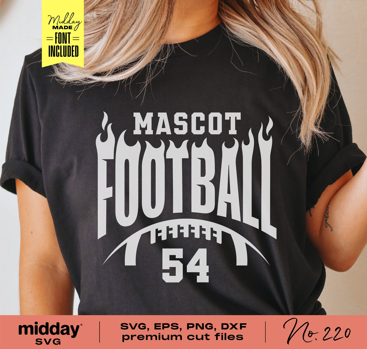 Black t-shirt featuring a flaming football team logo design with customizable mascot and player number for DIY projects.