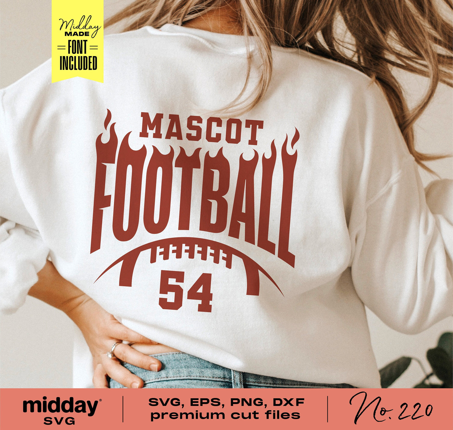 Back of shirt featuring flaming football team logo with 'Mascot Football 54,' SVG and font included for DIY design.