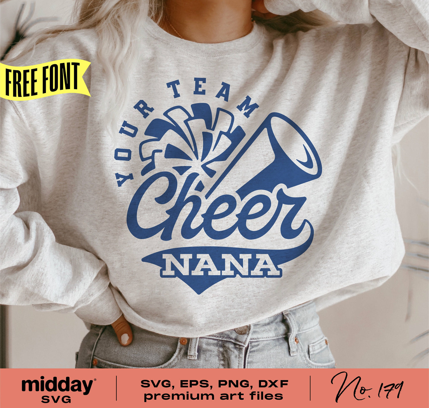 Cheer Nana shirt design with megaphone and cheerleader graphics, available in SVG, PNG, DXF, EPS formats for Cricut and Silhouette.