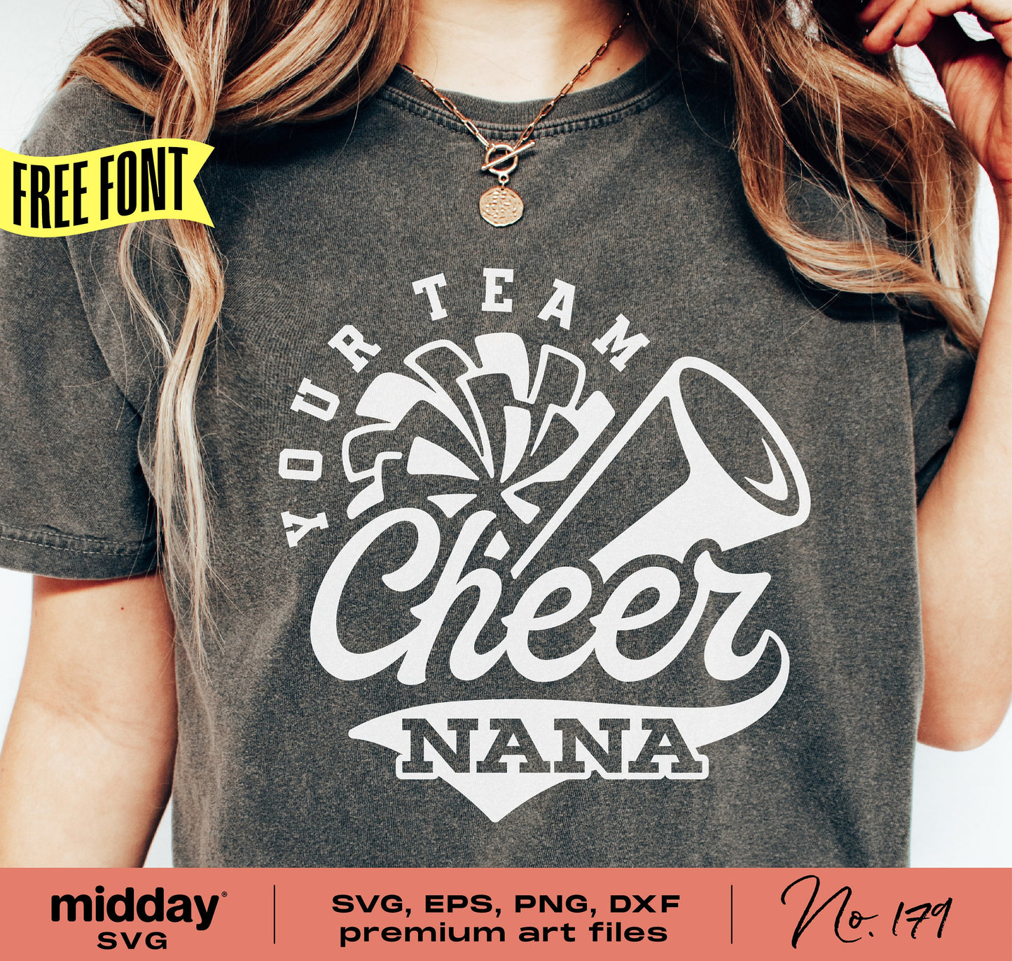 Cheer Nana shirt design with megaphone and text, available in SVG, PNG, DXF, EPS formats for Cricut and Silhouette.