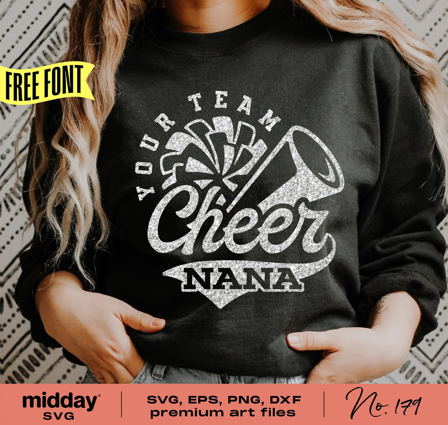 Cheer Nana shirt design on dark fabric with pom-pom and megaphone graphic, available in SVG, PNG, DXF, EPS formats for Cricut and Silhouette.
