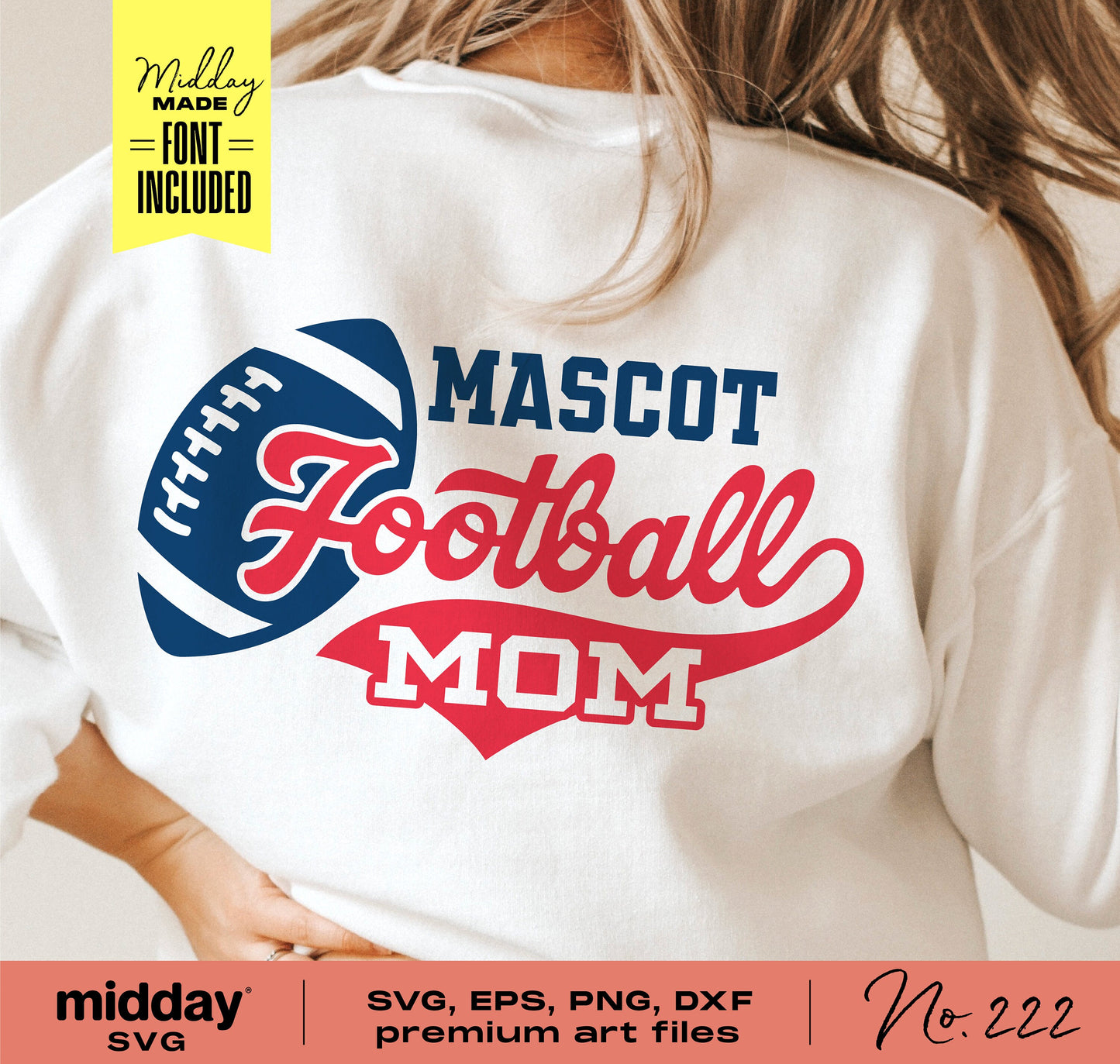 White shirt with a 'Mascot Football Mom' design, featuring a football graphic. Available as SVG, EPS, PNG, DXF files for Cricut and Silhouette.