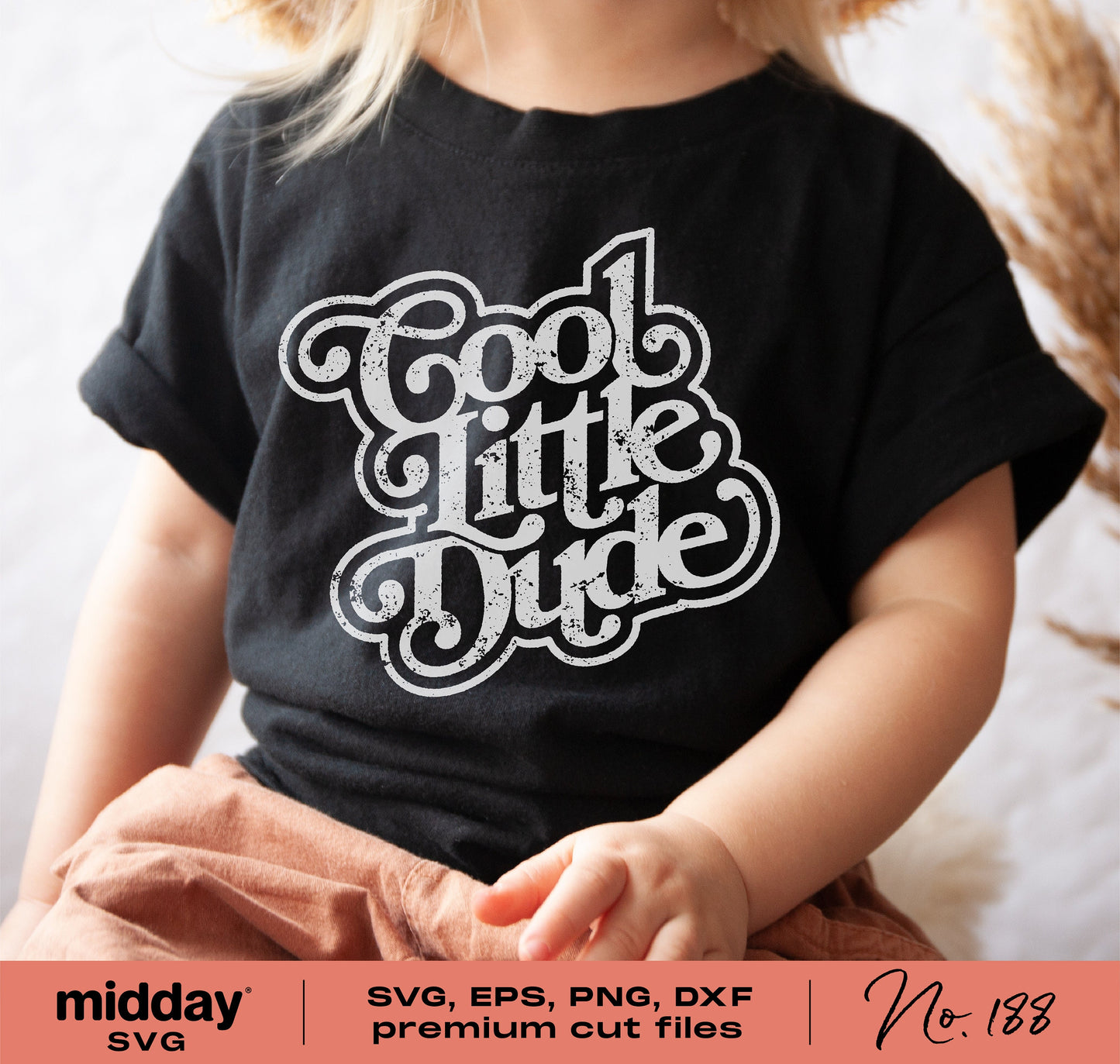 Toddler wearing 'Cool Little Dude' t-shirt with SVG, EPS, PNG, DXF cut file text overlay. Perfect for Cricut and Silhouette projects.