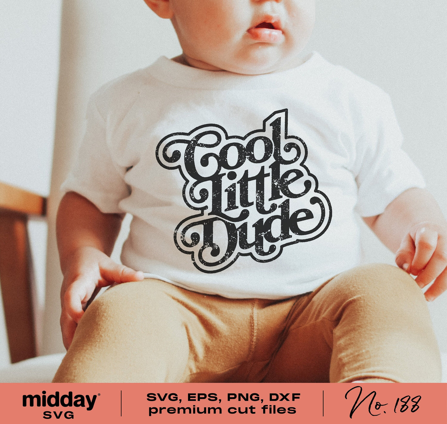 Baby wearing 'Cool Little Dude' onesie, SVG file for Cricut and Silhouette crafting.