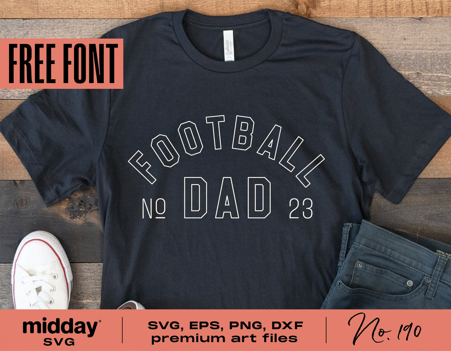 Football Dad t-shirt design in SVG, EPS, PNG, DXF formats, featuring text 'Football Dad No. 23,' ideal for Cricut and Silhouette projects.