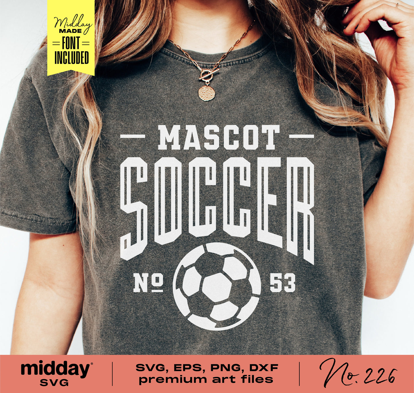 Person wearing a black t-shirt with 'Mascot Soccer No. 53' design, compatible with SVG, EPS, PNG, DXF art files, perfect for Cricut projects.