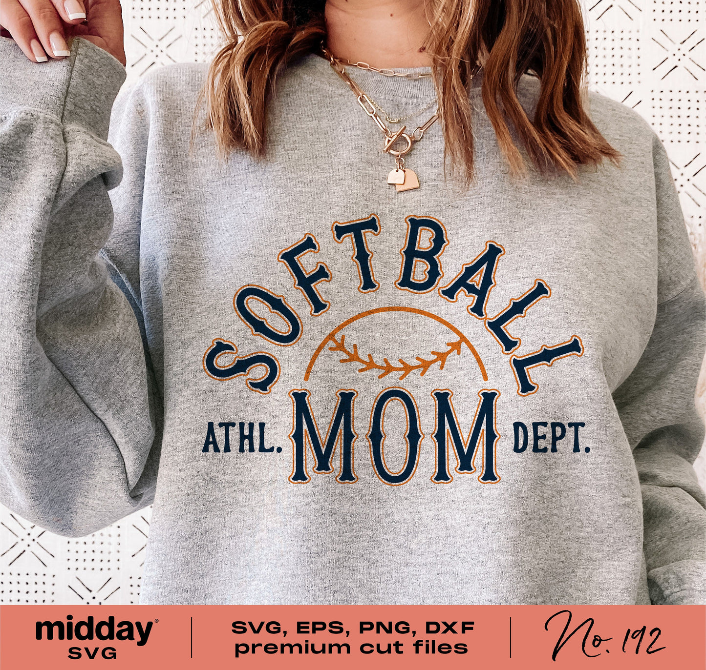 Softball Mom sweatshirt with design in SVG, PNG, DXF formats, perfect for Cricut and sublimation, featuring athleisure style.
