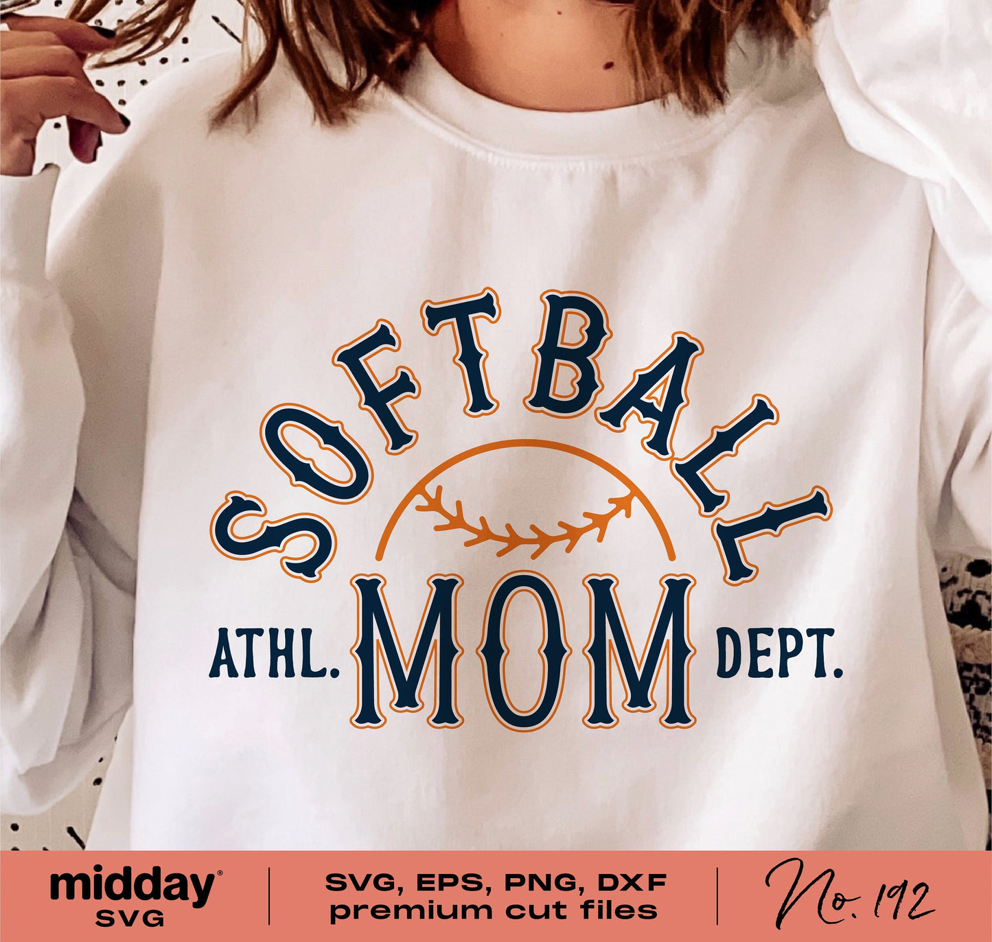 Softball Mom sweatshirt with arching text and baseball graphic, featuring athl. dept. design in SVG, EPS, PNG, DXF formats for Cricut.