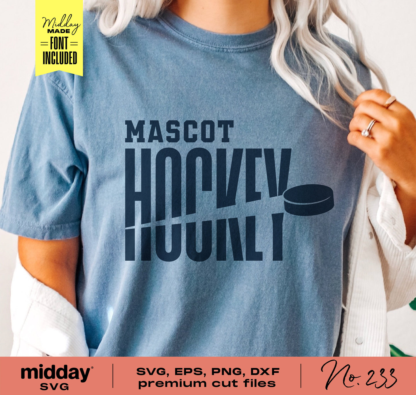 Hockey team shirt featuring 'Mascot Hockey' design with SVG, EPS, PNG, DXF cut files for Cricut and Silhouette crafting.