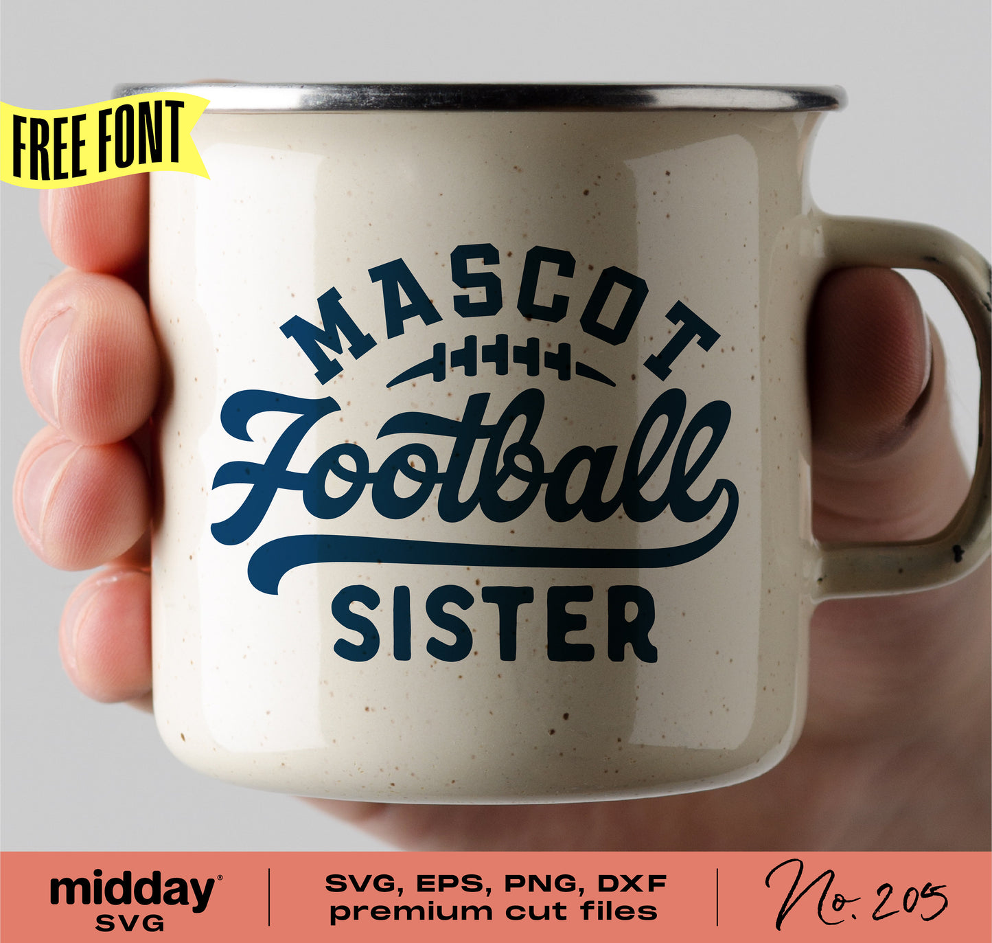 Football Sister design on mug showcasing SVG, EPS, PNG, DXF cut files for Cricut and Silhouette projects.