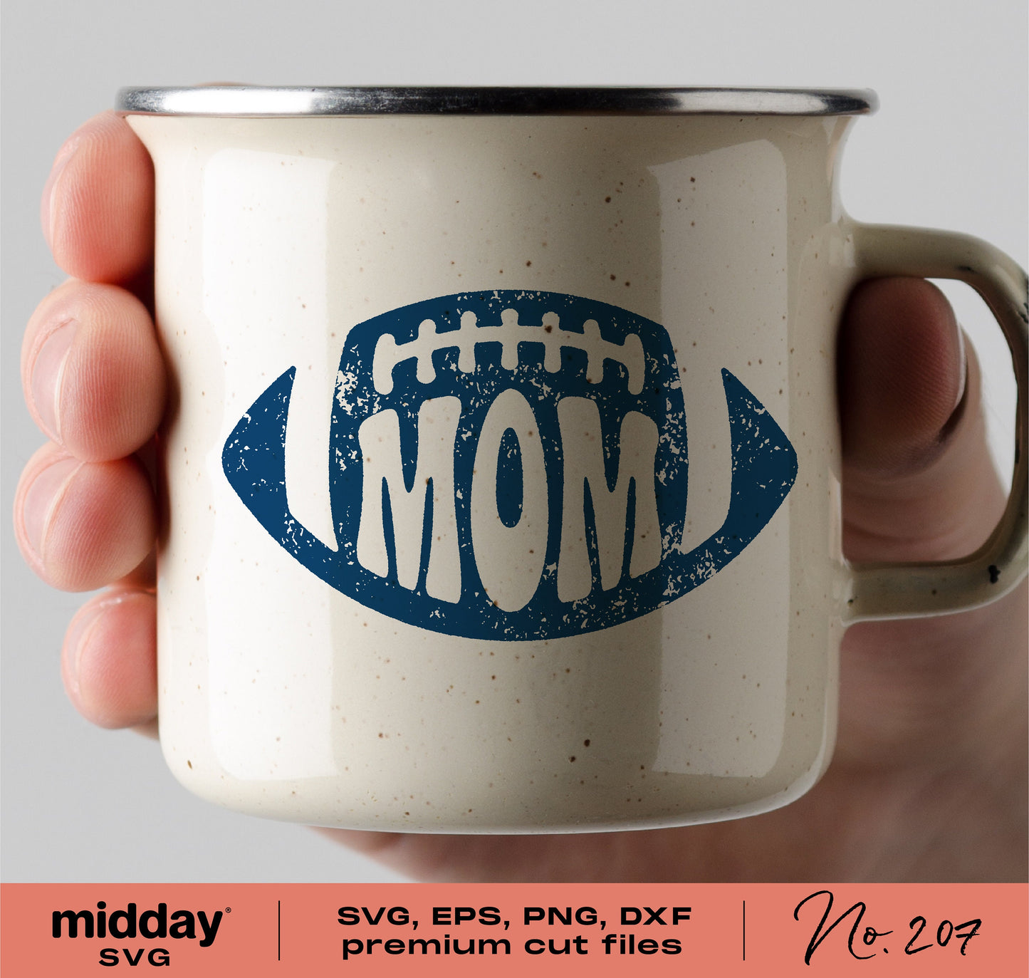 Vintage mug with football-themed 'Mom' design in blue, ideal for Cricut and Silhouette crafts, features premium SVG, EPS, PNG, DXF files.