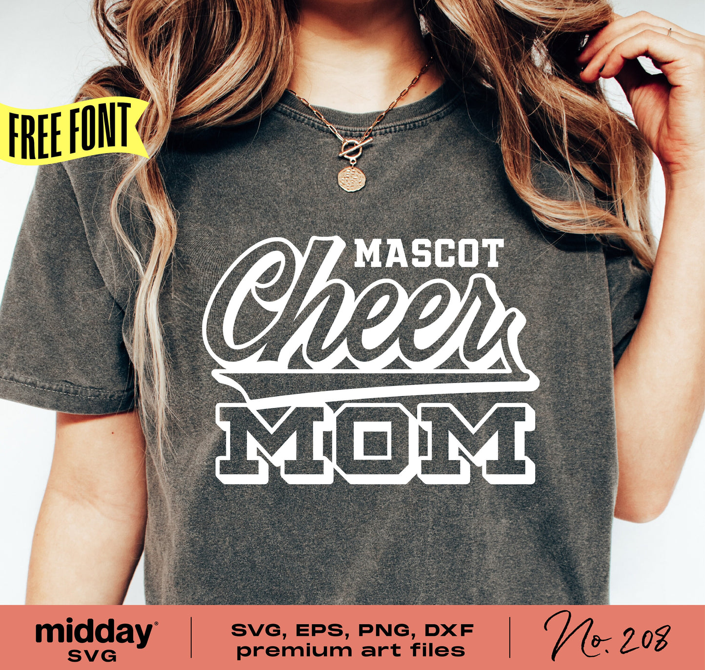 Woman wearing a cheer mom shirt with text 'Mascot Cheer Mom' design. Ideal for digital design projects with SVG, EPS, PNG, and DXF formats.