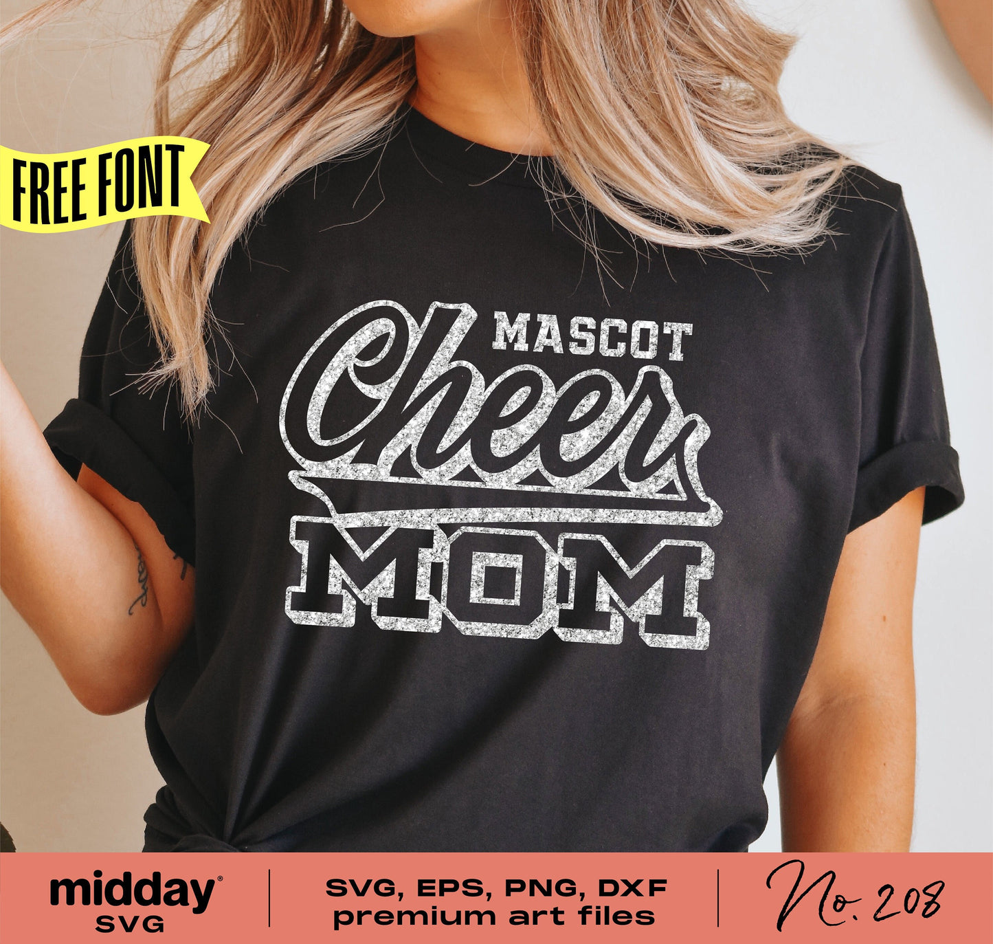 Cheer Mom shirt with "Mascot Cheer Mom" design, includes SVG, EPS, PNG, DXF digital files for Cricut and Silhouette.
