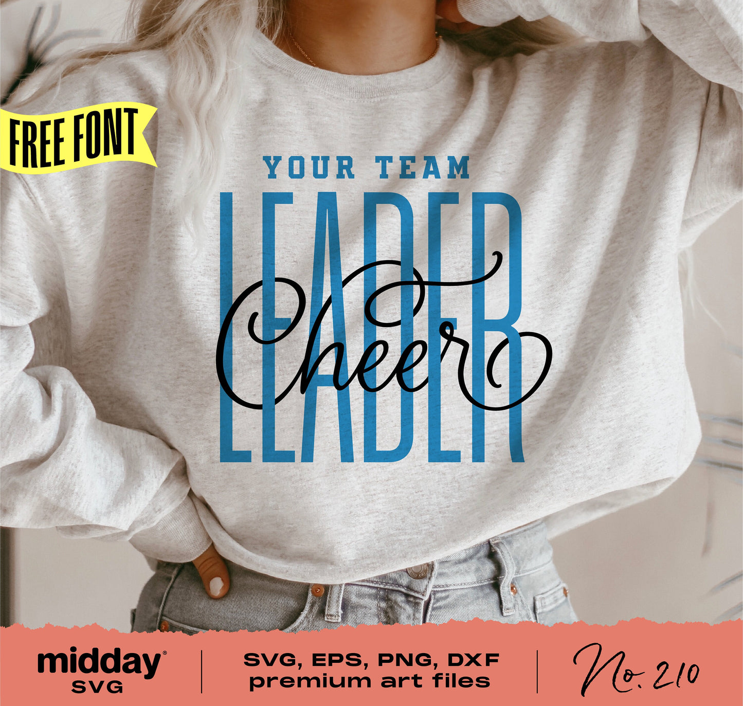 Cheerleader team shirt with woven script design reading 'Your Team Cheer Leader', available as SVG, PNG, DXF, EPS for Cricut or Silhouette.
