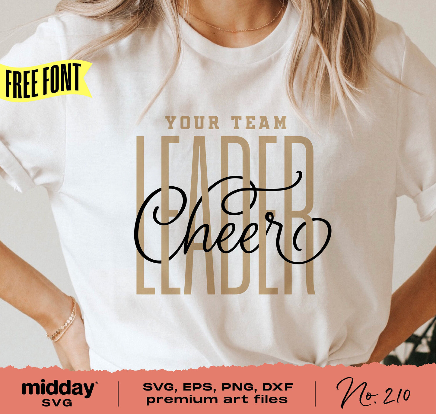 Cheerleader team shirt with woven script design, includes SVG, PNG, DXF, and EPS files for Cricut and Silhouette cutting machines.