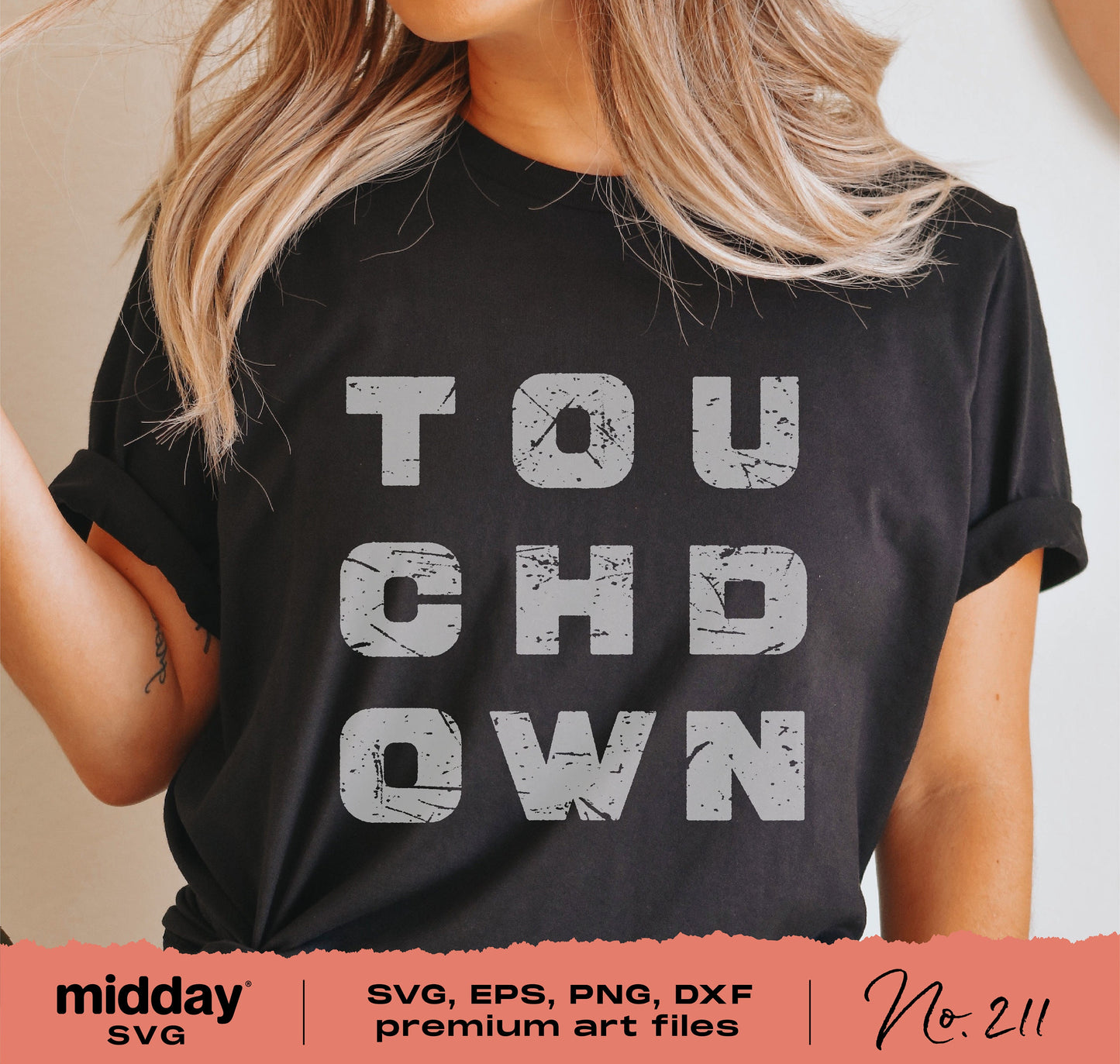 Woman wearing a black shirt with 'Touchdown' graphic, ideal for football game day. Available in SVG, PNG, DXF, EPS for Cricut and Silhouette.