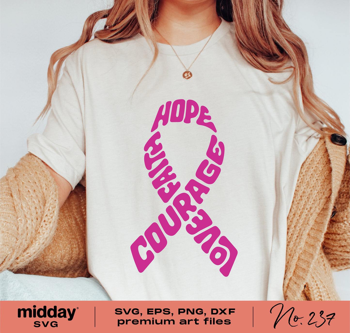 Breast Cancer Awareness shirt with 'Hope Faith Courage Love' ribbon design, available as SVG, PNG, DXF, and EPS files for Cricut and Silhouette.