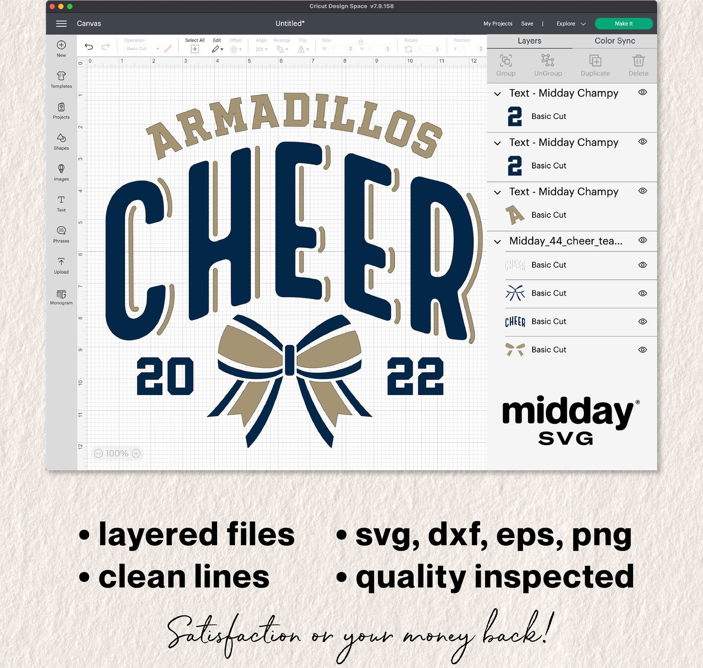 Armadillos cheerleading SVG design with bow, mid-layered files, available in SVG, DXF, EPS, PNG formats, ideal for Cricut and Silhouette.