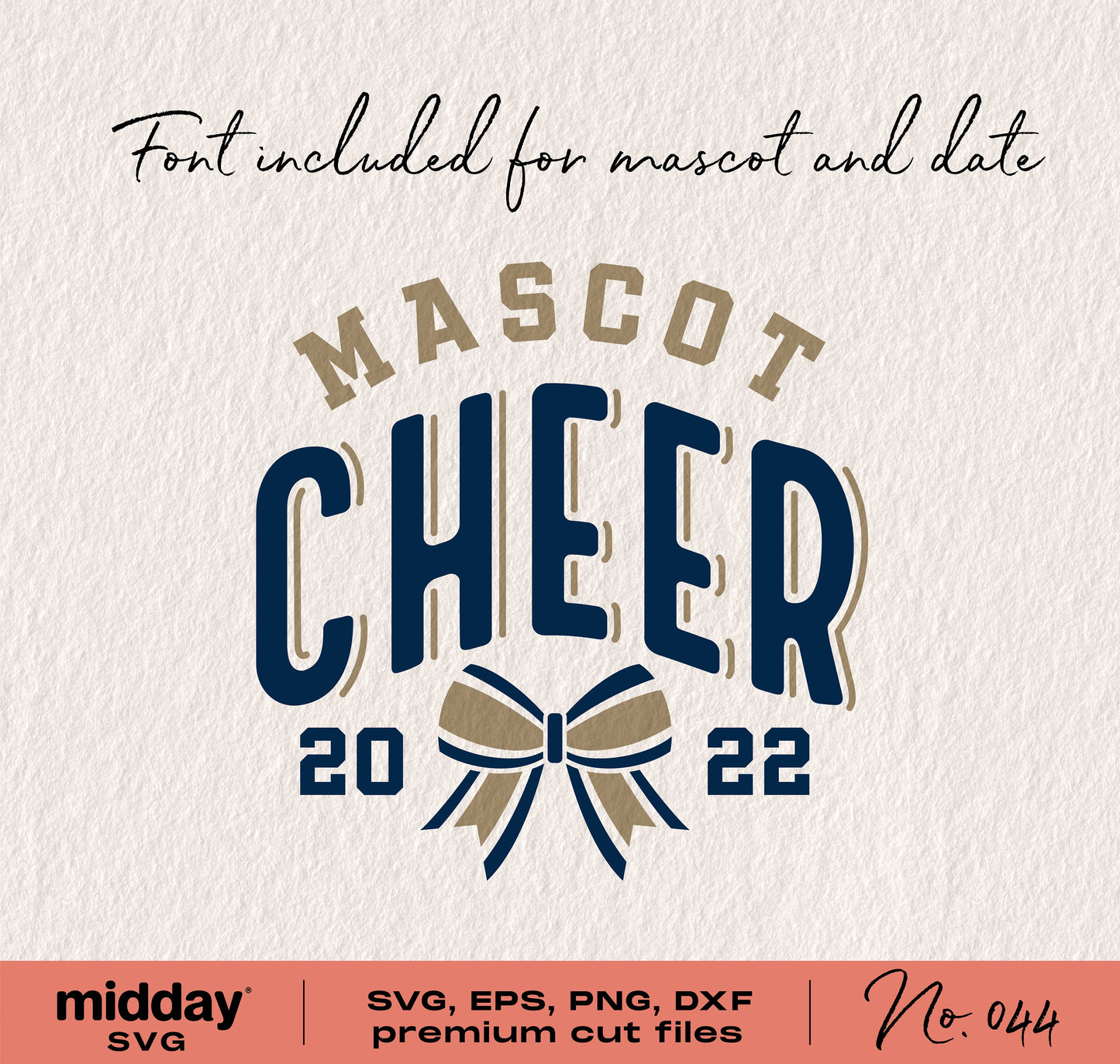 Cheerleading shirt design with mascot cheer text and bow in SVG, EPS, PNG, DXF formats.