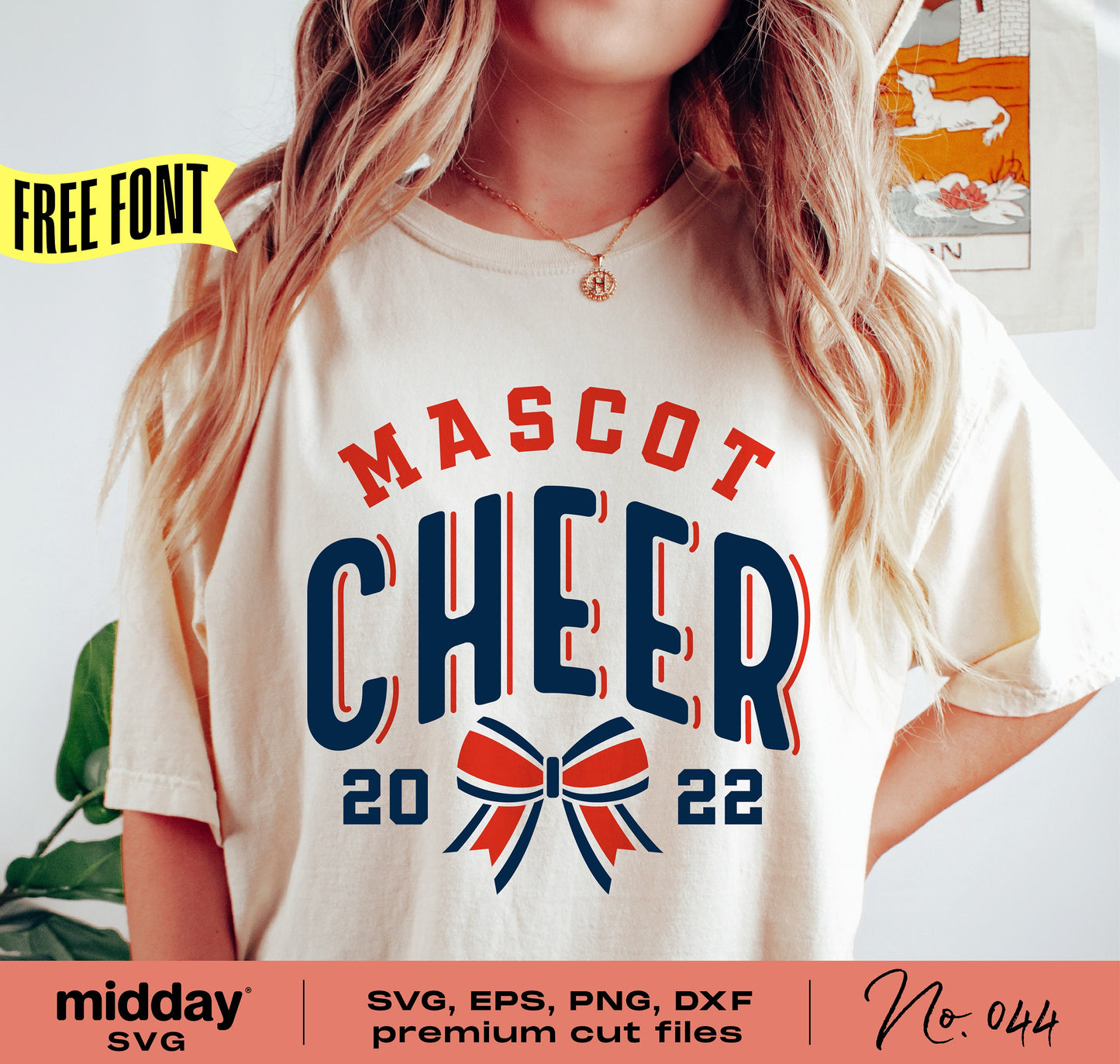 Person wearing a 'Mascot Cheer 2022' shirt with a cheer bow design for Cricut and Silhouette; includes SVG, EPS, PNG, DXF files.