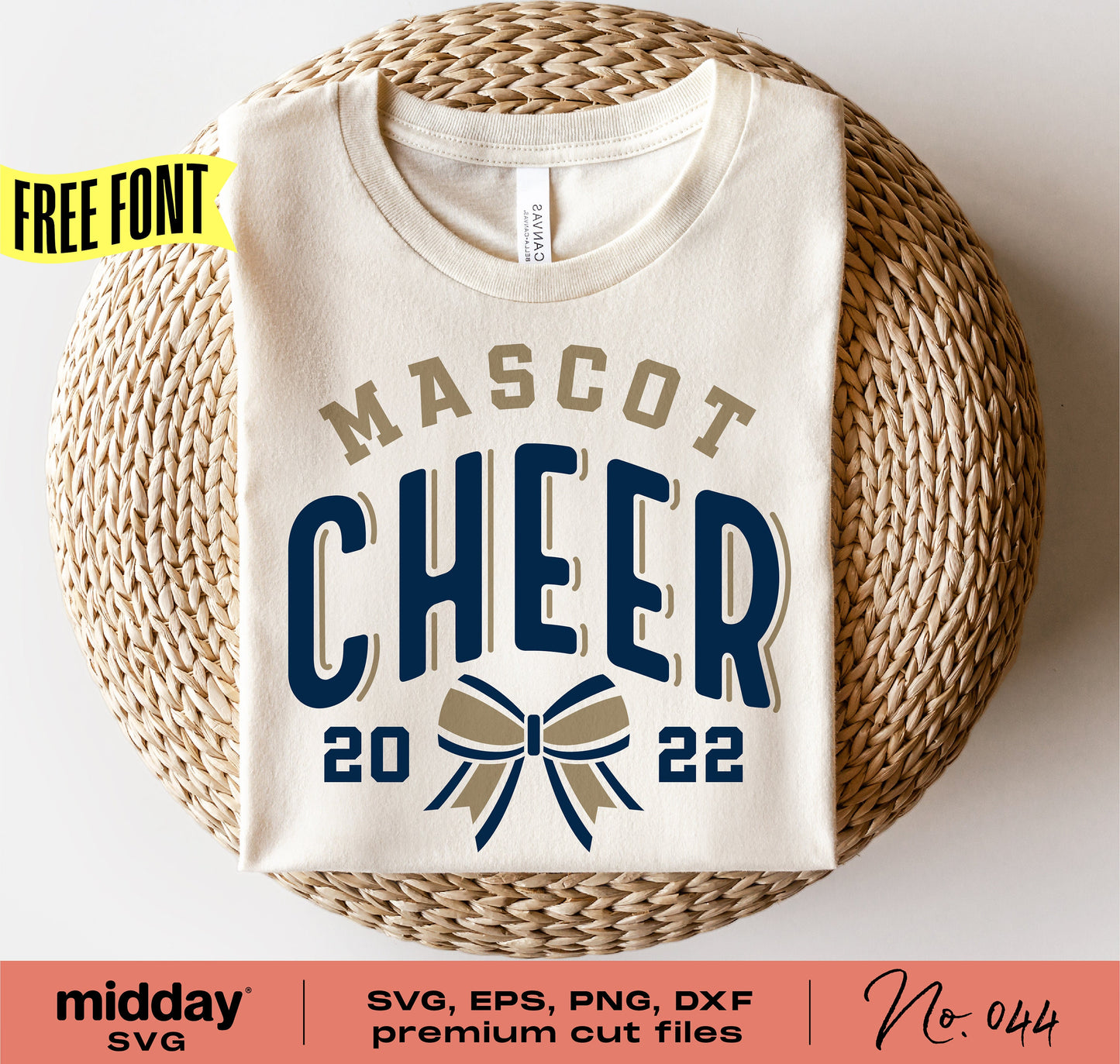 Cheerleading team shirt with mascot design, SVG PNG DXF for Cricut and Silhouette, cheer bow graphic, free font offer included.
