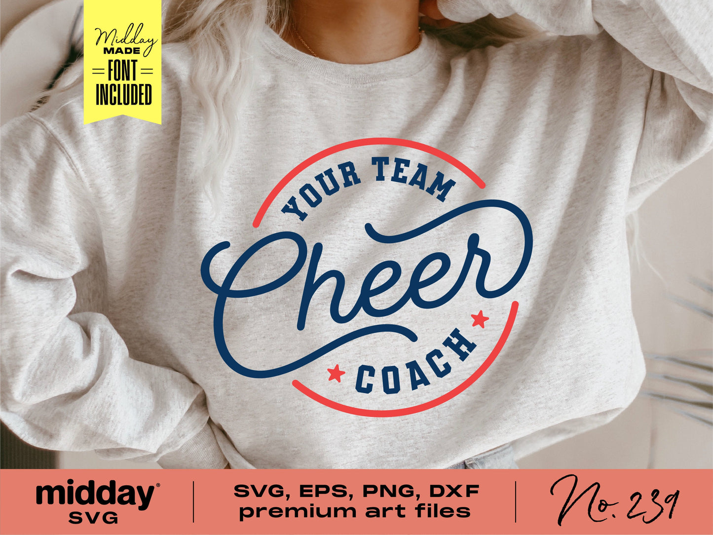 Customizable Cheer Coach template design on sweatshirt, includes SVG, EPS, PNG, DXF formats for Cricut and Silhouette use, No. 239