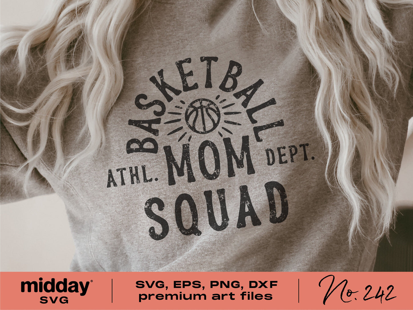 "Basketball Mom Squad" design on shirt, perfect for Cricut and Silhouette, includes SVG, PNG, DXF, EPS files for crafting.