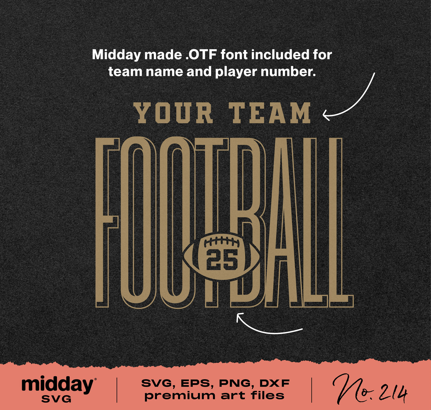 Football template with customizable team name and player number in SVG, EPS, PNG, and DXF formats for Cricut and Silhouette users.
