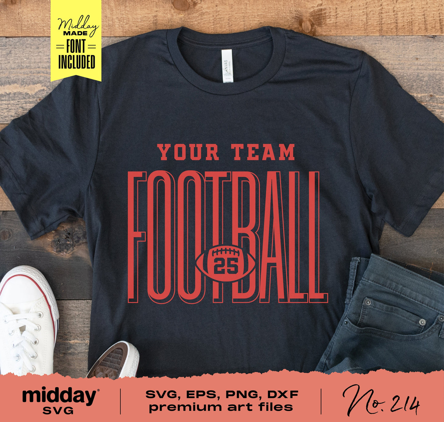 Black t-shirt featuring customizable football team logo and player number in red, ideal for Cricut and Silhouette crafting projects.