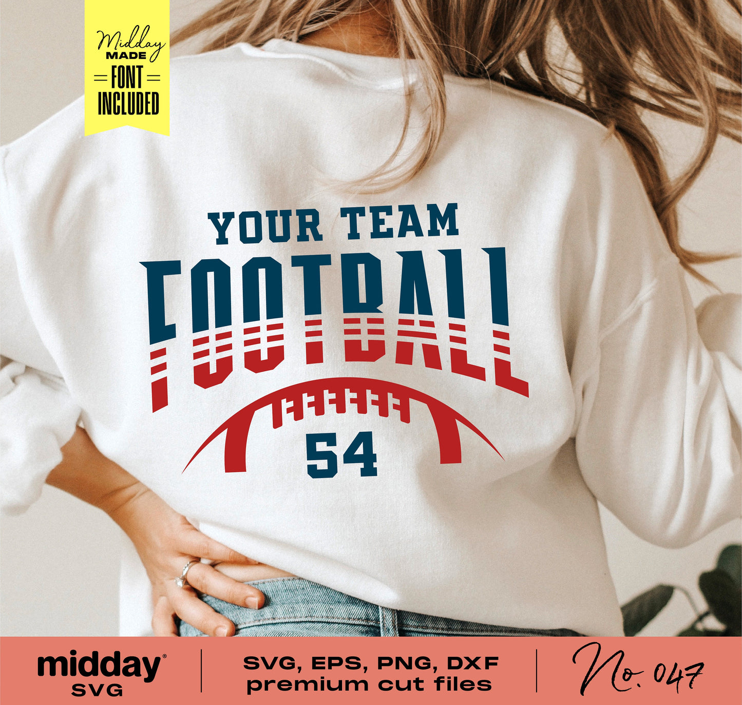 DIY football shirt with customizable team design, featuring digital cut files in SVG, EPS, PNG, DXF formats. Includes font for Cricut use.