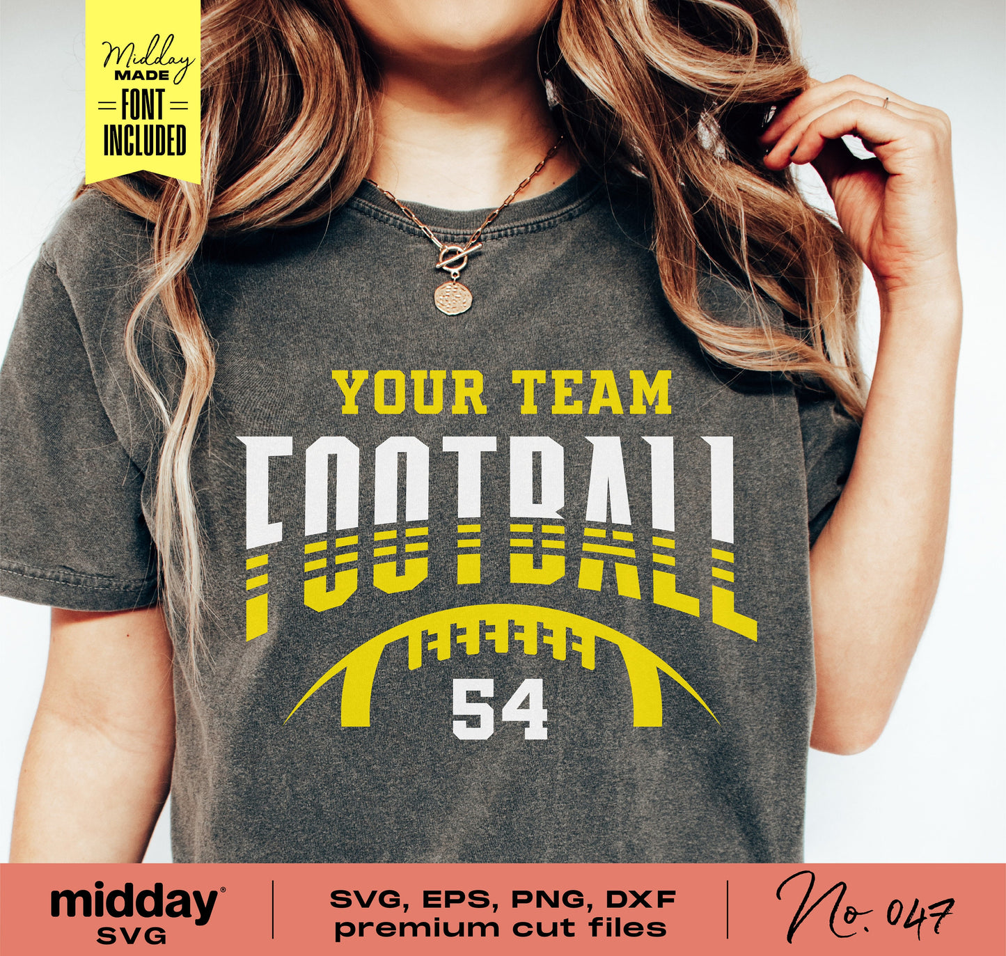 Person wearing a customized DIY football shirt with yellow and white graphics, featuring the word 'Football' and number 54. SVG cut file included.