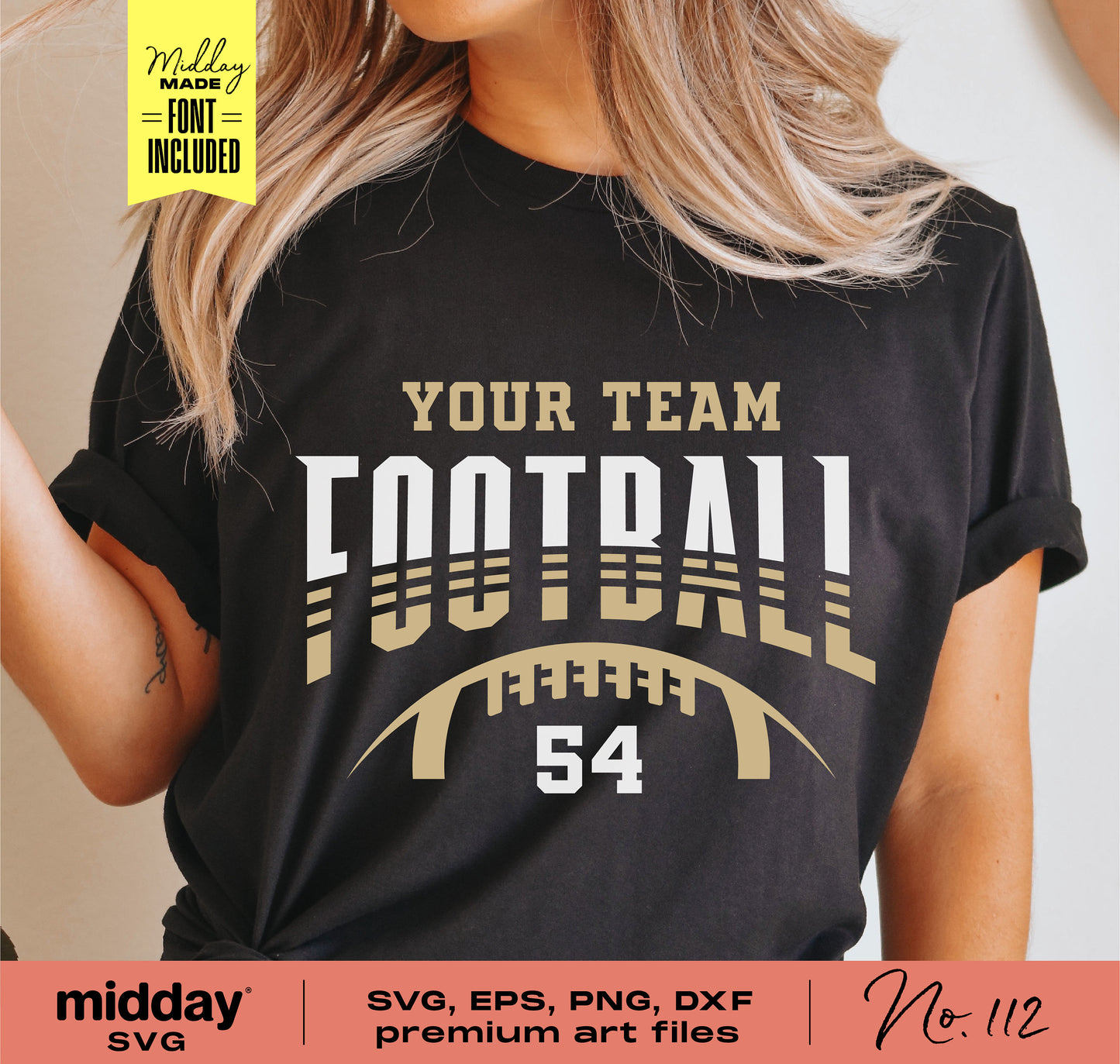 Person wearing a black football shirt with customizable team name and number, featuring bundled SVG, PNG, DXF, EPS files for Cricut and Silhouette.