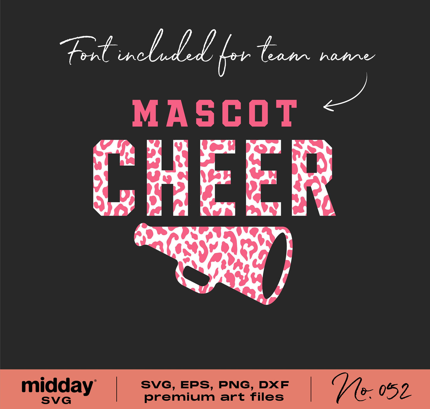 Cheerleader SVG template with pink leopard print megaphone for Cricut Silhouette; includes font for team name customization.