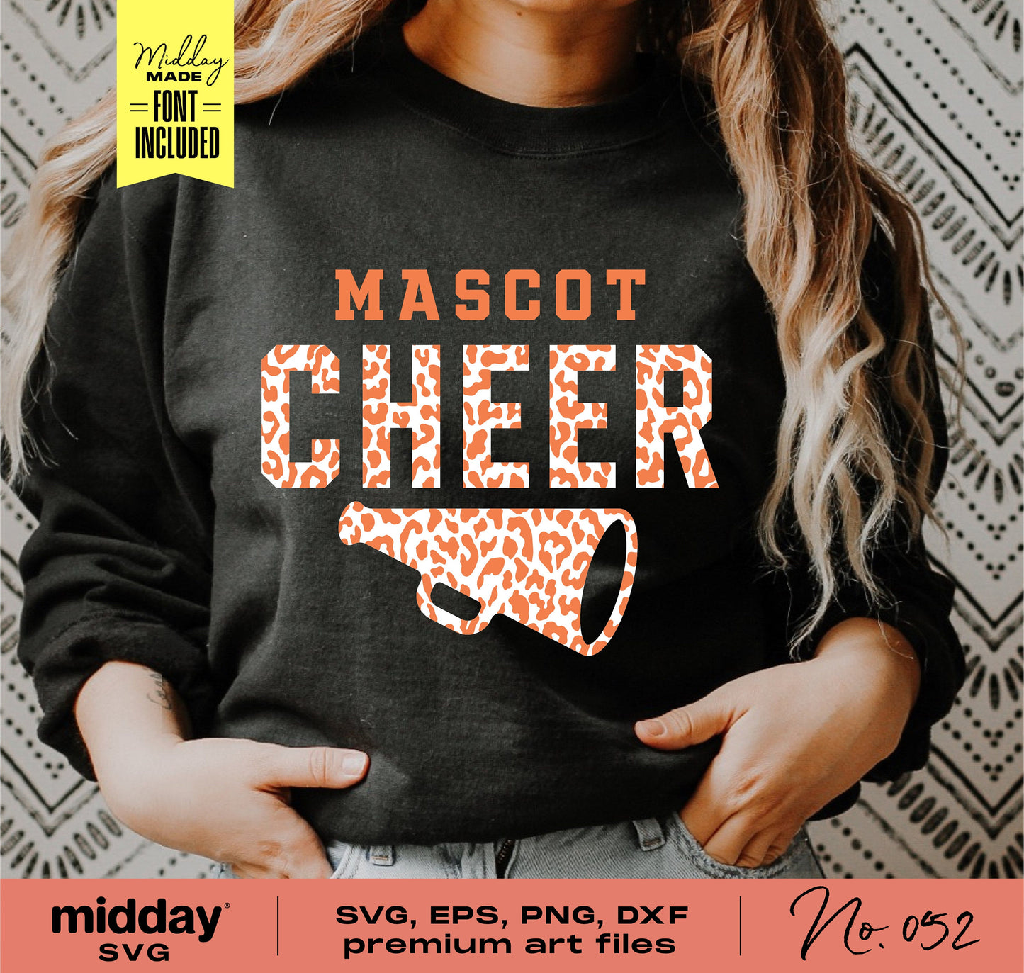Mascot Cheer shirt with leopard print megaphone design for cheerleading, includes SVG, EPS, PNG, DFX files for Cricut, Silhouette.