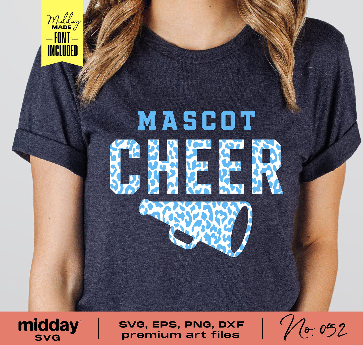 Leopard print 'Mascot Cheer' design on shirt with megaphone graphic, available as SVG, EPS, PNG, DXF for Cricut and Silhouette.
