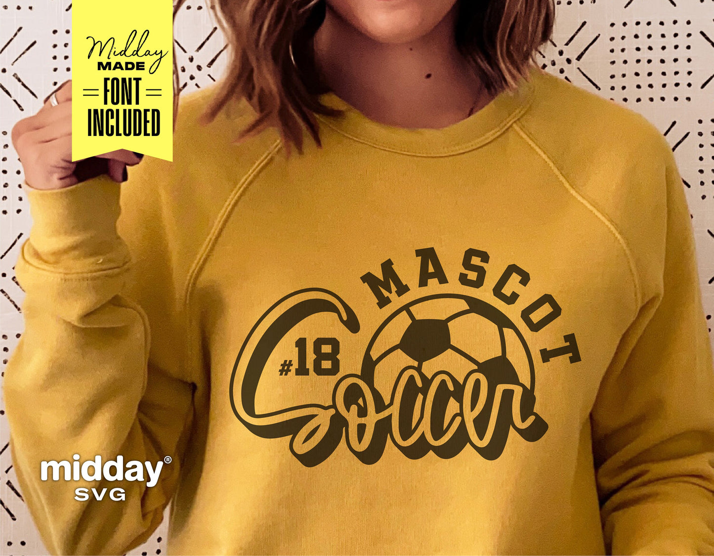 Yellow soccer shirt with 'Mascot Soccer #18' design, ideal for Cricut and Silhouette projects, by Midday SVG. Font included.