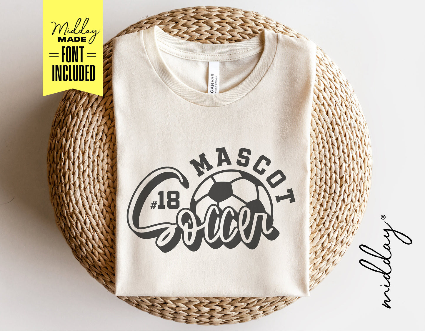 Soccer team shirt with mascot logo and number 18 design, available as SVG, PNG, and other formats for Cricut and Silhouette.