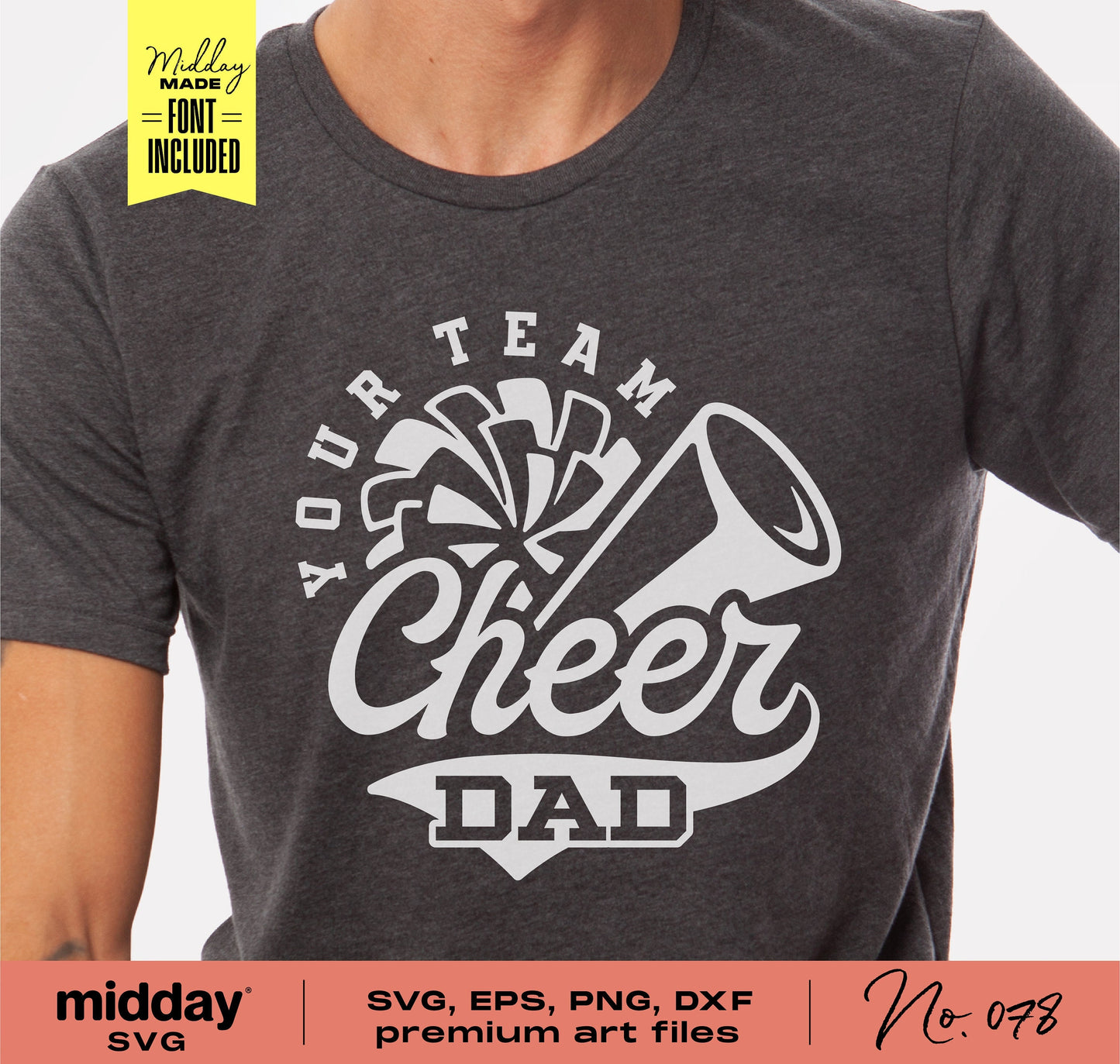 "Cheer Dad SVG design on shirt with pom pom and megaphone graphic, available in SVG, EPS, PNG, DXF formats for Cricut and Silhouette"