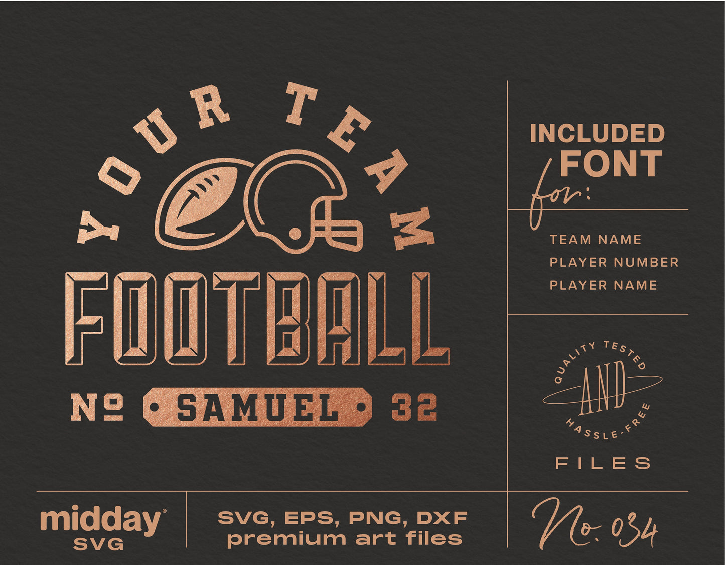 Football team name player number template with helmet design, SVG and PNG files for Cricut and Silhouette, includes customizable font