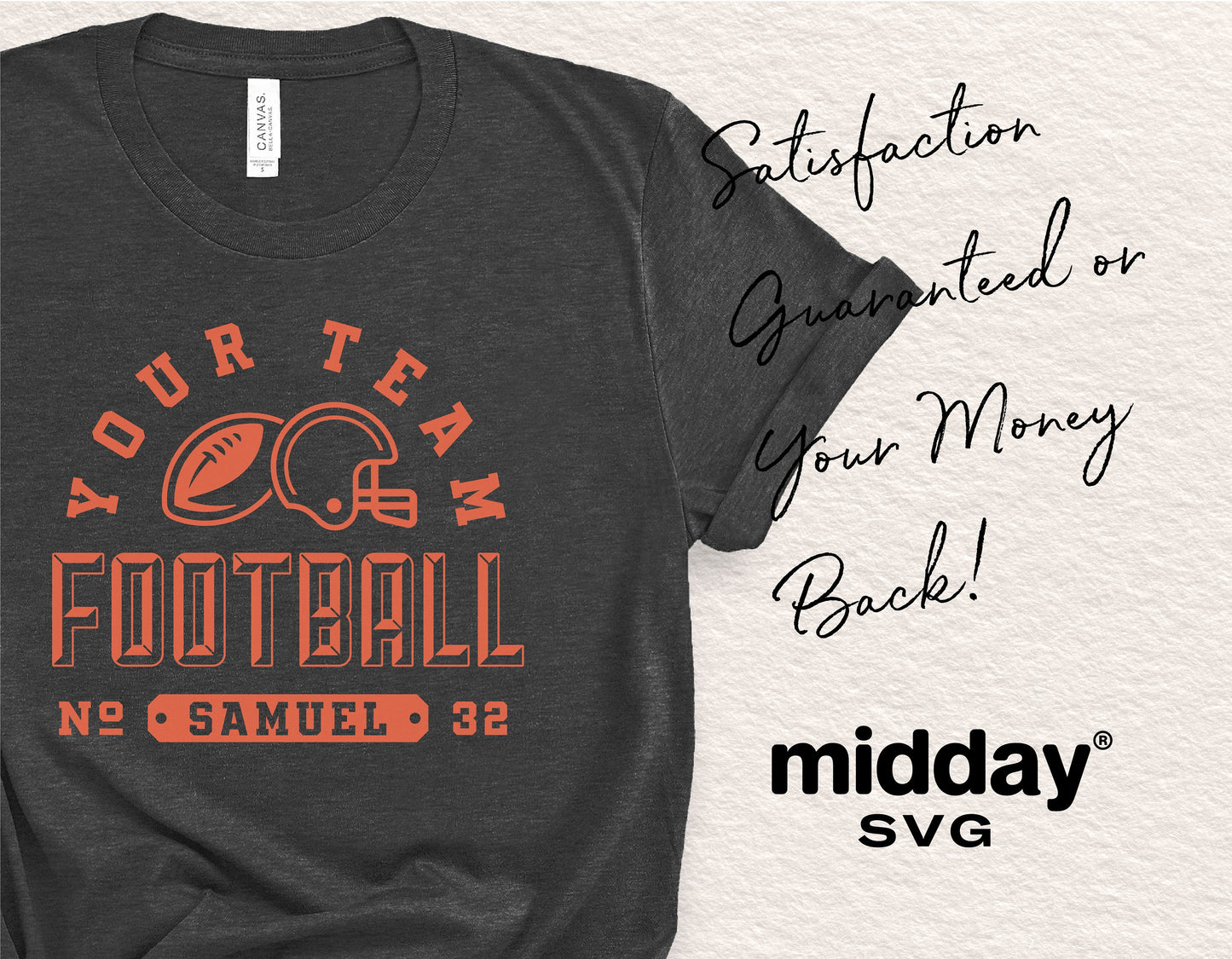 Football team shirt design with "Your Team" and player number template featuring a football and helmet graphic in orange text.