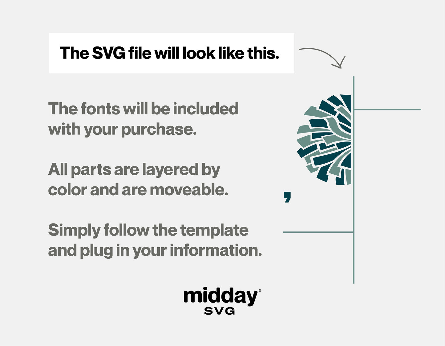 SVG file preview with layered color parts and fonts included by Midday SVG for customizable templates.