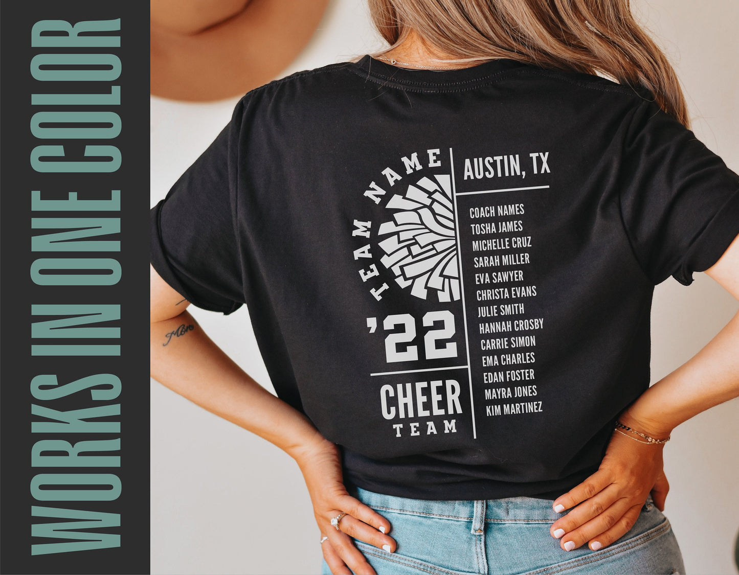 Person wearing a black t-shirt featuring cheer team roster and design for digital template.