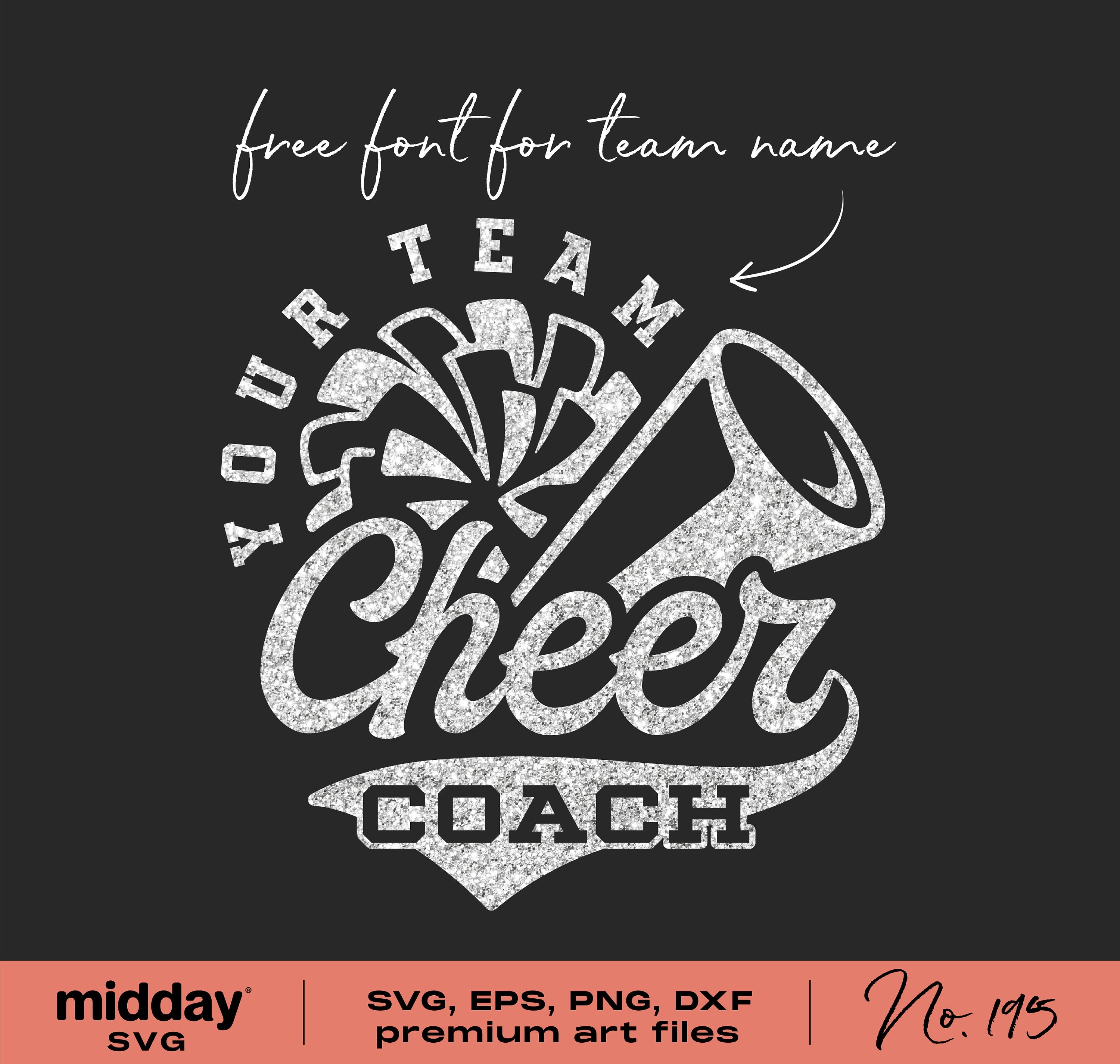 Cheer Coach SVG design featuring megaphone and pom poms for cheerleading with free team name font, ideal for Cricut and Silhouette.
