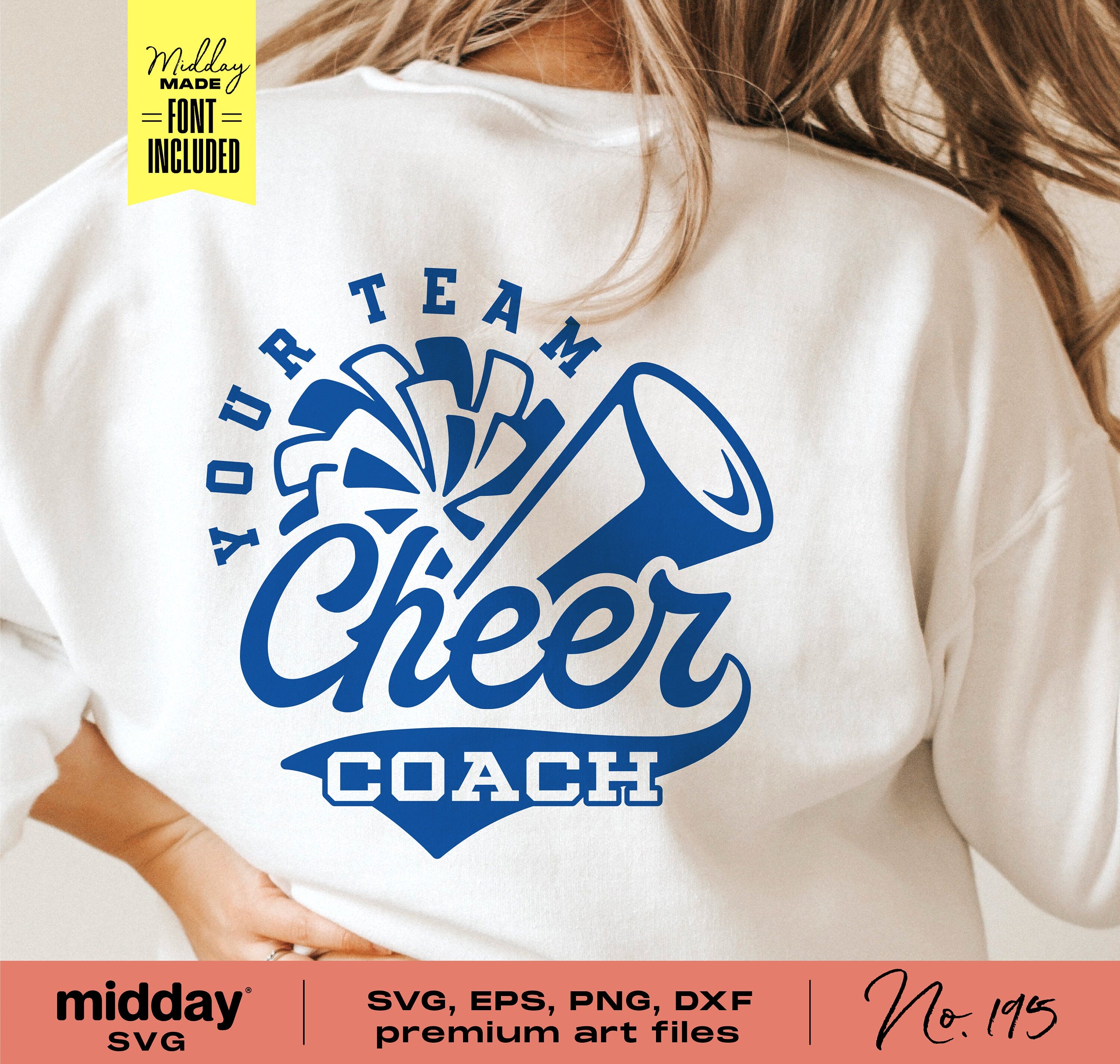 White shirt with blue 'Cheer Coach' design featuring pom poms and megaphone, ideal for Cricut and Silhouette cutting machines.