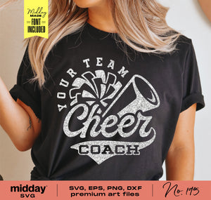 "Cheer Coach shirt design featuring pom pom and megaphone with SVG, EPS, PNG, DXF cut files for Cricut and Silhouette customization."