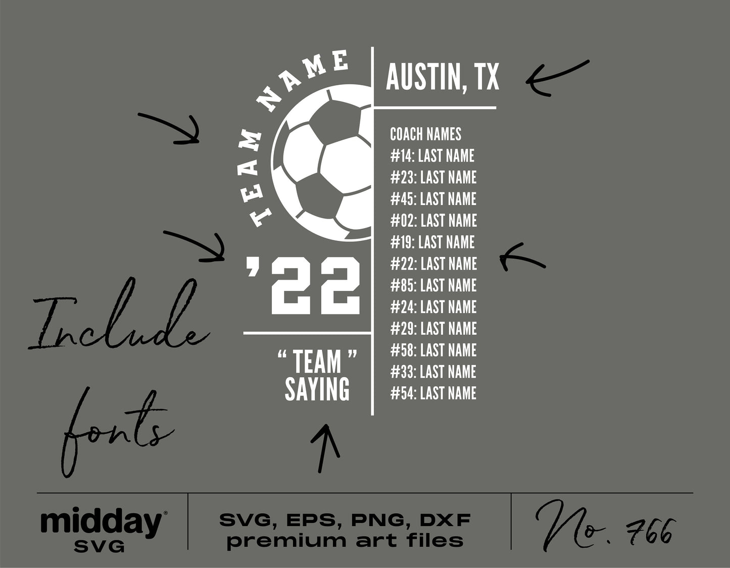 Soccer roster template design with customizable text for team names, player numbers, and location. SVG, EPS, PNG, DXF formats available.