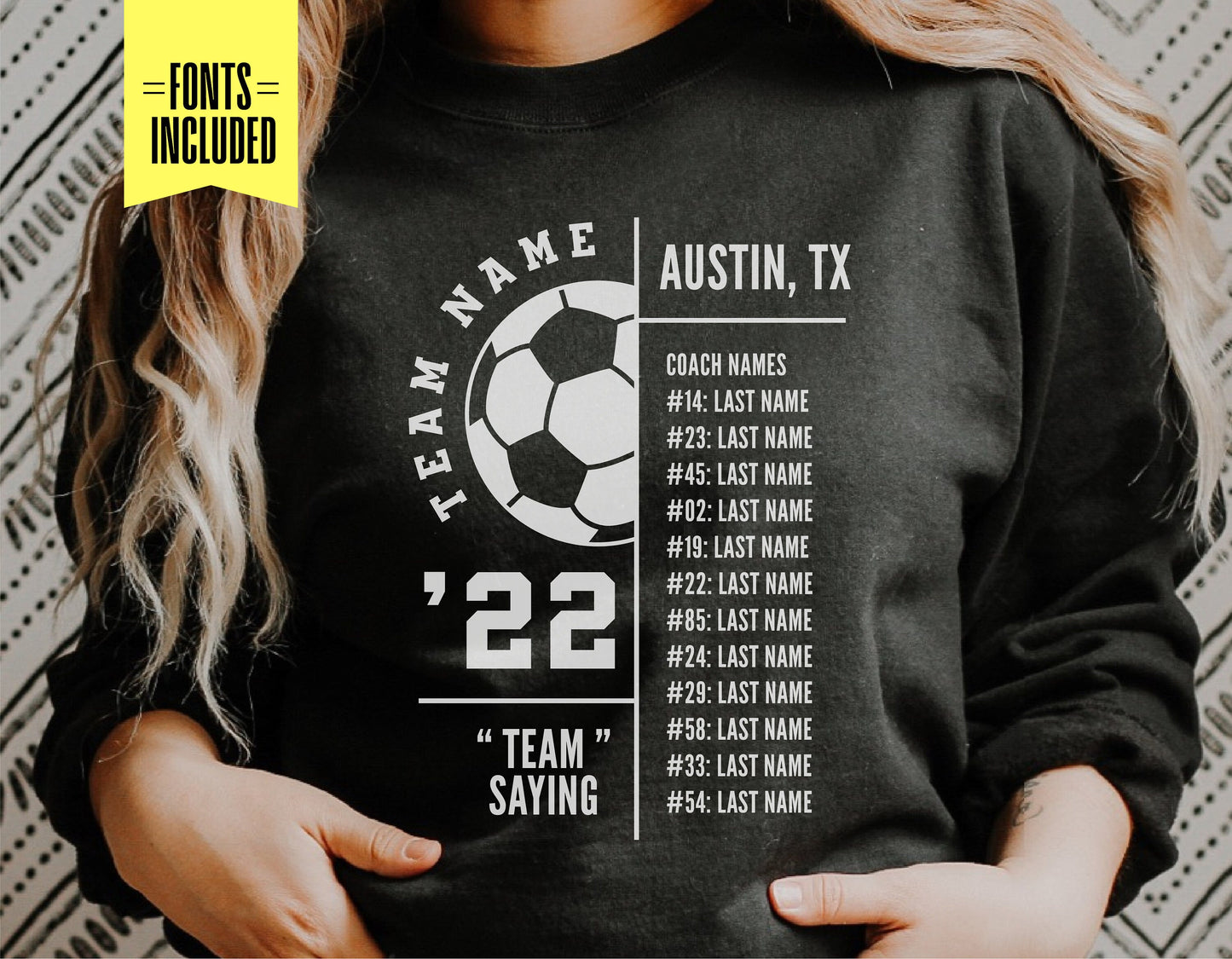 Customizable soccer shirt design with soccer ball graphic, team name and roster list in Austin, TX. Fonts included.