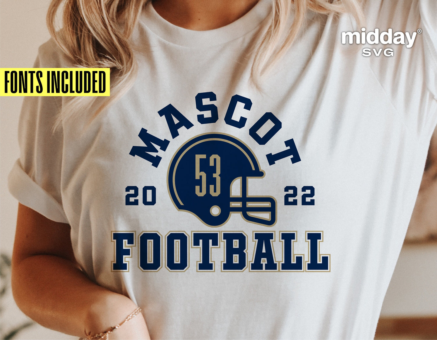 Person wearing a football shirt featuring a customizable team logo and number design, suitable for Cricut and Silhouette projects.