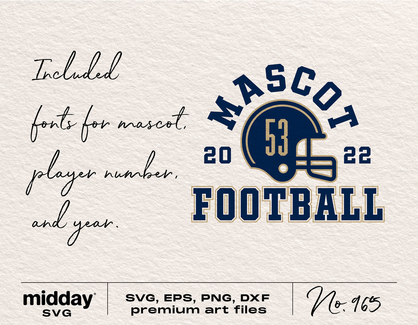 Football team template image featuring a customizable logo with mascot, player number, and year. Formats include SVG, EPS, PNG, DXF.